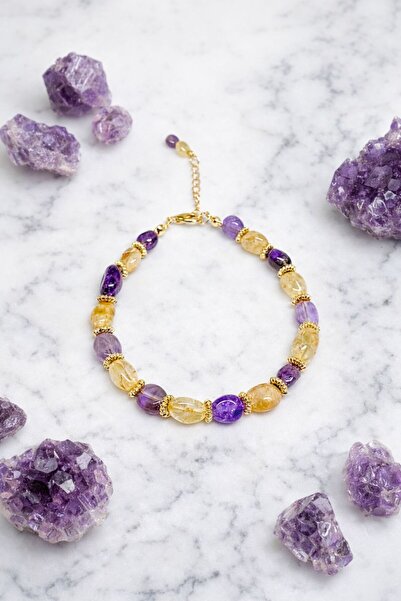 Agatella Tasarım Natural Amethyst & Citrine Stone Bracelet |   Handmade Natur...
