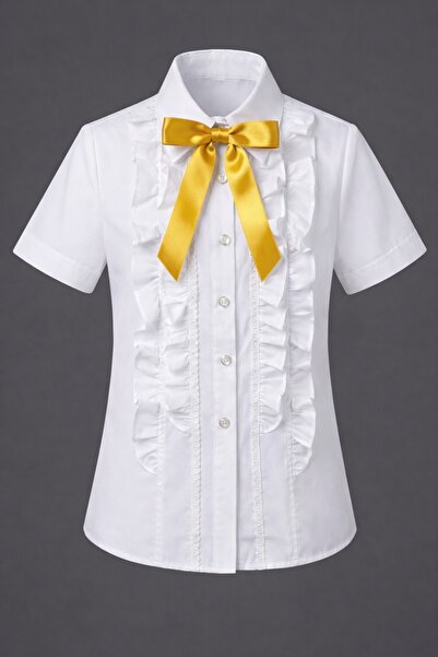 Nacar Kız Çocuk Fırfır Detaylı Papyonlu Gömlek 23 Nisan 29 Ekim Gösteri Kıyafeti