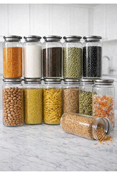 Pembelia Life 12 Adet 1300 ml Vakumlu Metal Kapaklı Etiketli Cam Bakliyat Erzak Saklama Kavanoz Saklama Kabı