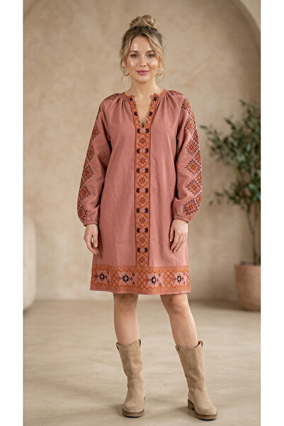 Matcha Butik Women's Salmon Color Embroidered Bohemian Dress