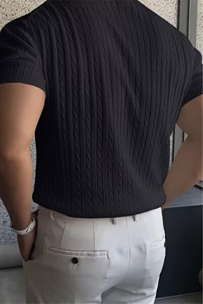 Oksit Kelly Lüks Seri Erkek Slim Fit Saç Örgü Desenli Bisiklet Yaka Kısa Kollu Triko Tişört
