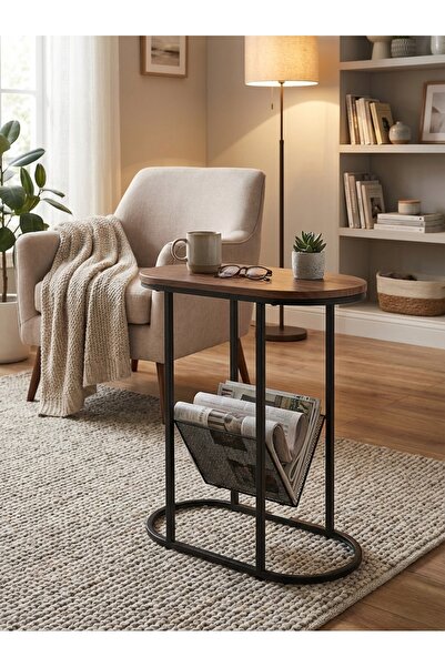 Living Oval Side Table with Built-in V-Shaped Mesh Organizer