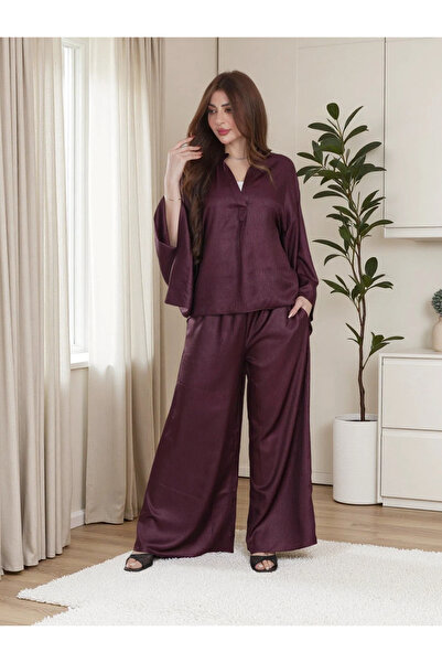 Finelook Luxe Satin Modest Two-Piece Set – Wide Sleeve Top & Palazzo Pants
