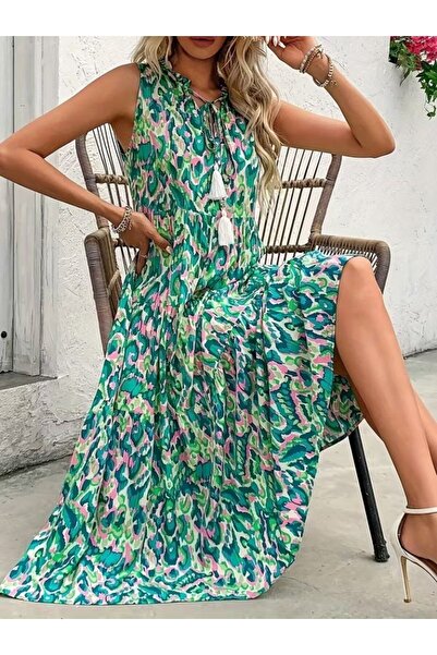 COjans Women's Strappy Ruffled Collar Lace-Up Patterned Long Single Jersey Dress