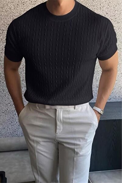 Oksit Kelly Lüks Seri Erkek Slim Fit Saç Örgü Desenli Bisiklet Yaka Kısa Kollu Triko Tişört