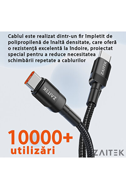 ZAITEK Cablu USB-C, Incarcare Super Rapida 100W, 1metru, cip E-Marker, negru, compatibilitate universala