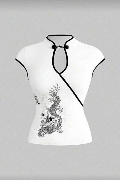 İlayda Toprak Λευκή μπλούζα με μηδενικά μανίκια με στάμπα Colar Dragon και λε...