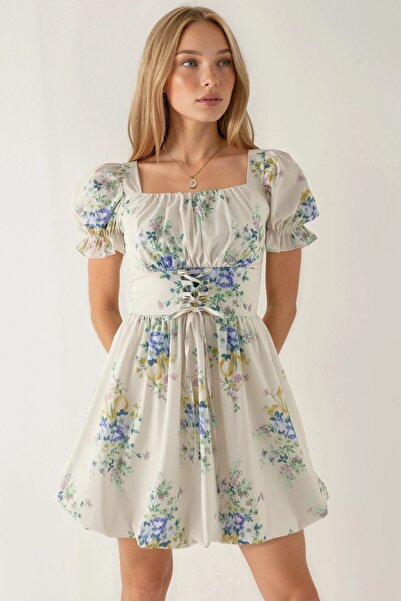 Hiccup BUSEM Çiçek Desenli A Kesimli, Bağlama Detaylı Mini Elbise