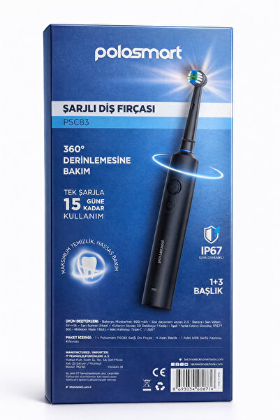 Polosmart Şarjlı Diş Fırçası PSC83 Siyah + Hediye Şarjlı Diş Fırçası(PSC74-PS...