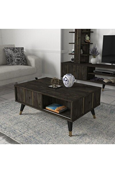 SAHABA Wooden Coffee Table 90 * 60 * 40cm with Storage Shelf & Black Legs For...