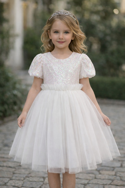 THEQUEST Kız Çocuk Payetli Tül Prenses Elbise Balon Kol Doğum Günü Parti Özel...