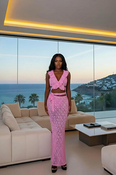 Afitapbutikmoda Dantel Baglama Detaylı Crop Etek Takım Plaj Elbisesi