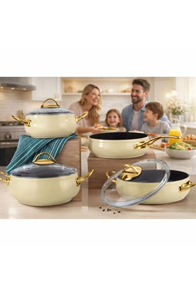 Lines Yonca 7 Parça Granit Güveç Tencere Seti | Altın Metal Kulplu Yapışmaz Ç...