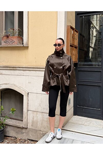 asyadabutik Women's Leather Mock Neck Jacket