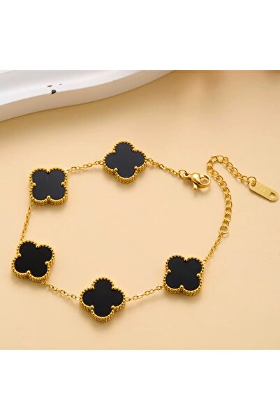 CAXBERN Kuyumcu Model 316L Steel Clover Black Gold Bracelet