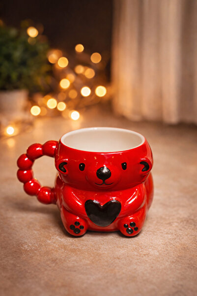 İZart Red Bear Mug 3D Embossed Custom Embossed Fully Handmade Ceramic Mug