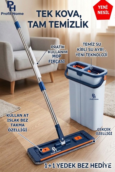 Profit Home Temiz Kirli Su Ayıran Mop Seti - Çift Bölmeli Kovalı, Mandallı Ge...