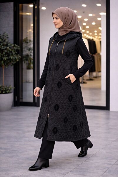 BKTEKSTİL BÜYÜK BEDEN KADIN FERMUARLI KAPİTONE TESETTÜR YELEK UZUN KAPÜŞONLU ...