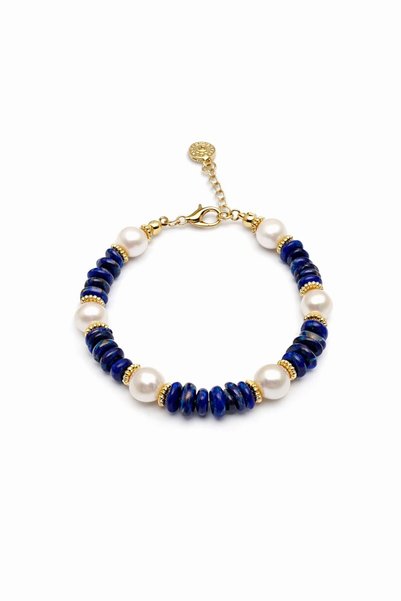 Agatella Tasarım Natural Pearl & Lapis Lazuli Stone Steel Bracelet – Gold Color Minimal Women's Bracelet