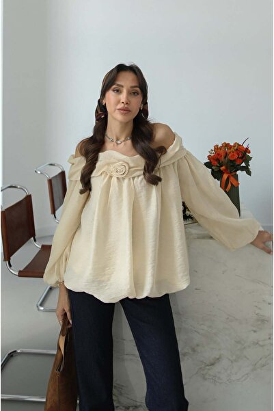 Havoş Beige Collared Balloon Blouse with Rose Detail