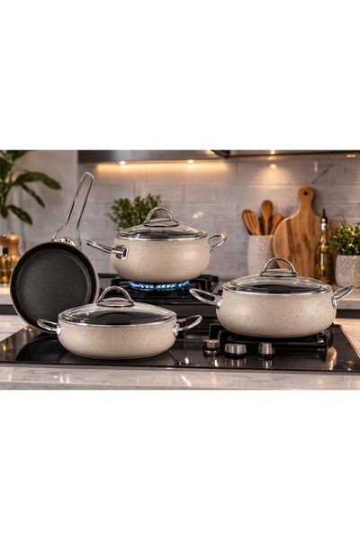 Lines Yonca 7 Parça Granit Güveç Tencere Seti | Altın Metal Kulplu Yapışmaz Ç...