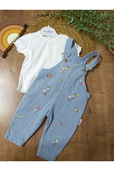 Baby Buu Floral Embroidered Denim Jeans Baby Girl Salopet Set Gardener Holiday Set 6-9 Months, 9-12 Months, 12-18 Months, 18-24 Months