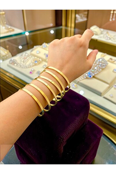 CAXBERN 22 Ayar Altın Kaplama 316L Çelik Bileklik Düz Kalın Ajda Parlak Sade ...