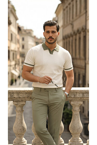 JANES Men's Colorful Collared Mesh Patterned Short Sleeve T-Shirt