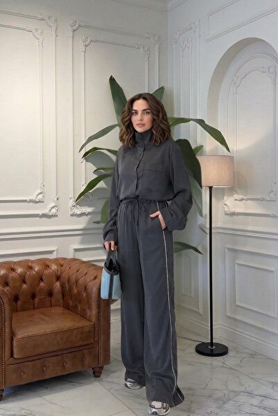 SHILSEE BEUTİQUE Women's Tnsel Modal Fabric Striped Detail V Shoulder Pad I S...