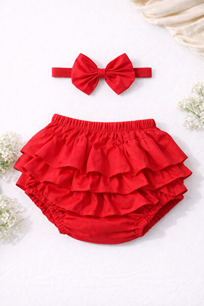 ues Kız Bebek Kırmızı Fırfırlı Şort & Bandana Takım