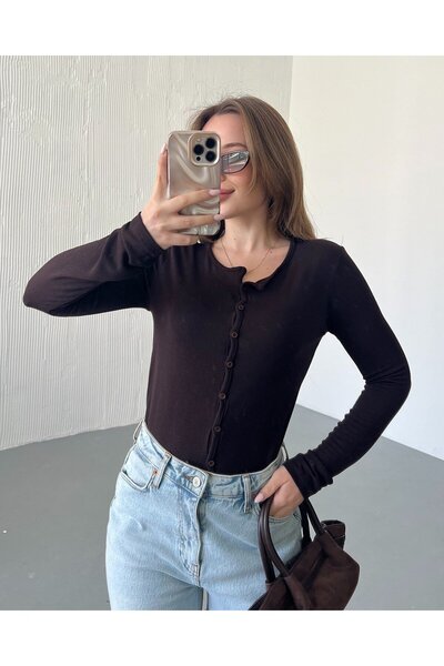 FERZOLAİO Soft Fit Buttoned Brown Basic Bodysuit