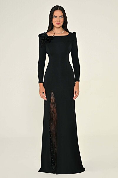 ALFABETA فستان طويل بأكمام دانتيل من قماش محبوك مزين بالدانتيل