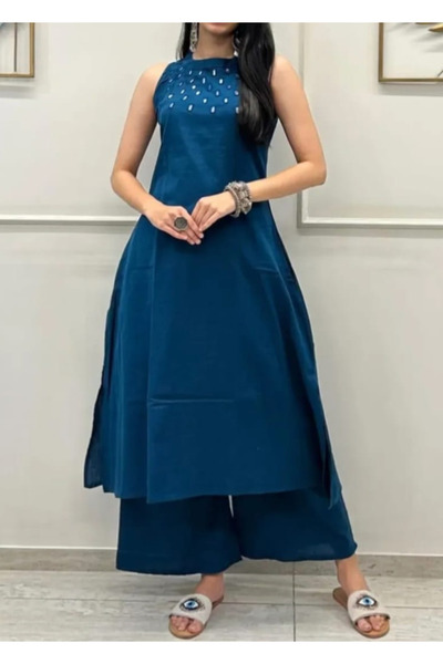 IndHeritage Premium cotton dark turquoise colour 2pc sleeveless co-ord Set ku...