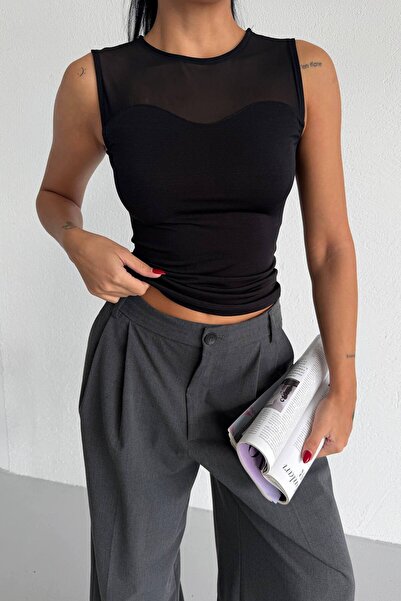 Varyete Women's Round Neck Tulle -Sandy Fabric Blouse