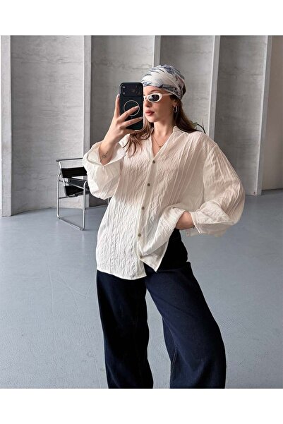 FERZOLAİO Oversized Linen Textured White Summer Shirt