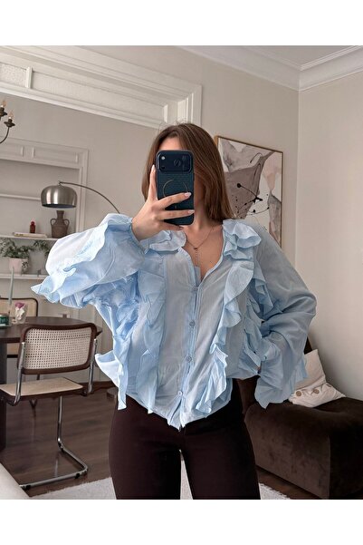 FERZOLAİO Ruffle Detail Baby Blue Shirt