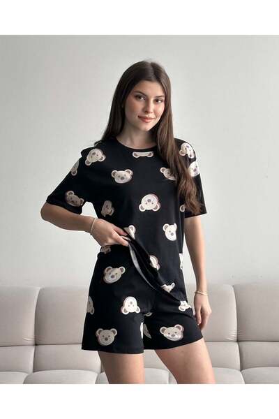 FERZOLAİO Ayıcık Patterned Black Shorts Pajama Set