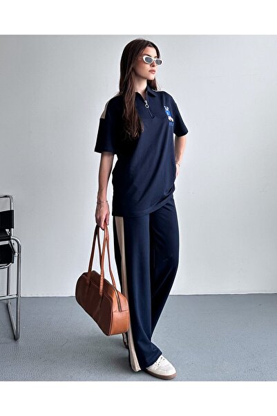 FERZOLAİO Teddy Polo Collar Navy Blue Tracksuit Set