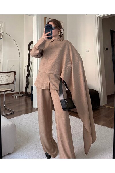 FERZOLAİO Beige Double Set with Shawl Detail