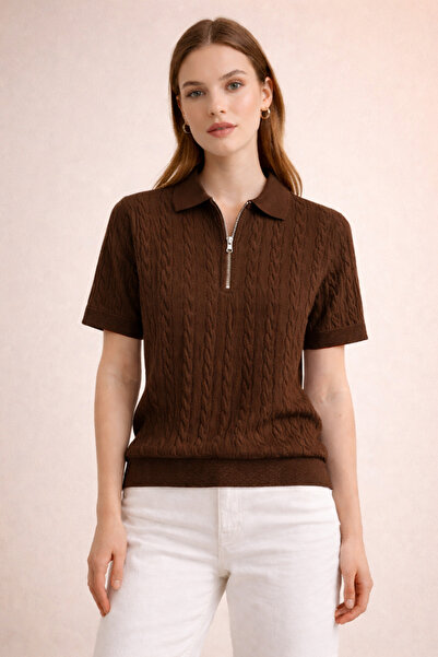 threeoff Γυναικεία πλεκτή μπλούζα με λαιμόκοψη πόλο και μισό φερμουάρ Με σχέδ...