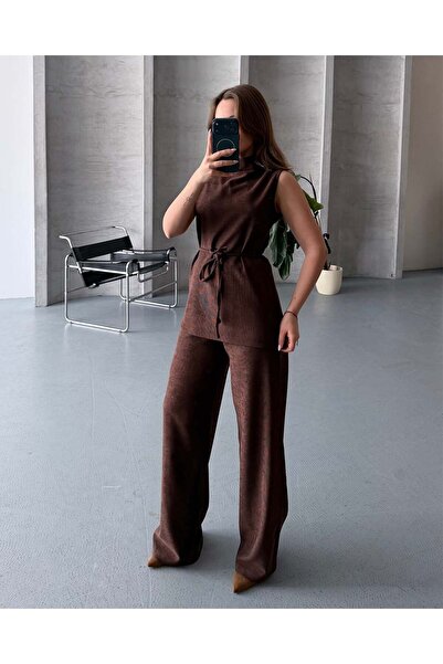 FERZOLAİO Belted Mock Neck Brown Vest Trouser Suit