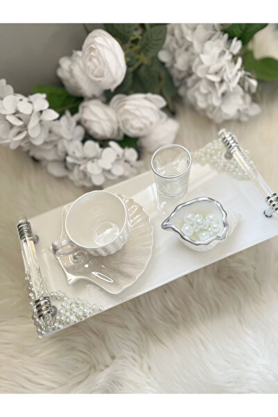 RESİNARTSHOP Epoksi Tepsi İncili Dikdörtgen damat tepsi seti gümüş