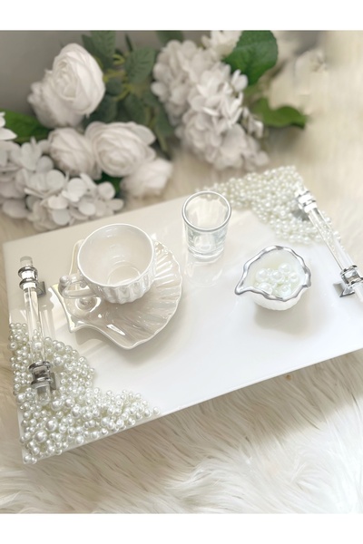 RESİNARTSHOP Epoksi Tepsi İncili Dikdörtgen Damat tepsi seti büyük boy 4 parça