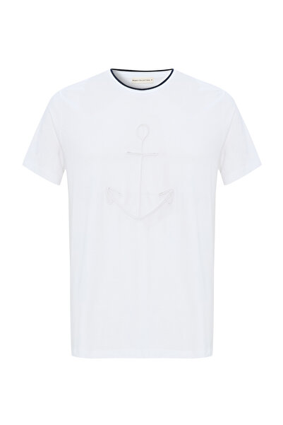 Mudo Men's White Embroidered Crew Neck T-Shirt