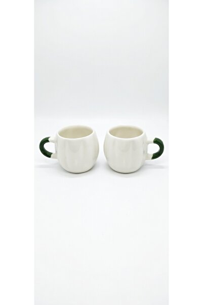 Velorahomee Cute White Ceramic Cups in Pumpkin Shape, Set of 2 - Green Strapp...