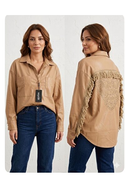 diğer 111 Kadın Taba Premium Suni Deri Gömlek Ceket - Sırtı Nakışlı ve Püskül...