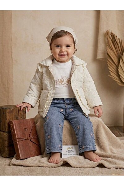 MeaShop Kız Bebek Bayramlık Kapitone Montlu Çiçek Nakışlı Bol Paça Kot Pantol...