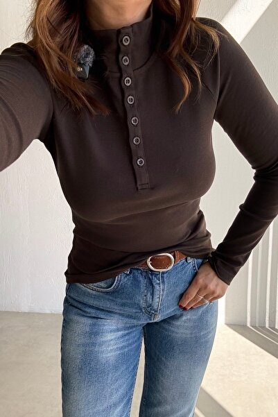 ELVAN TOLON Brown High Collar Basic Top