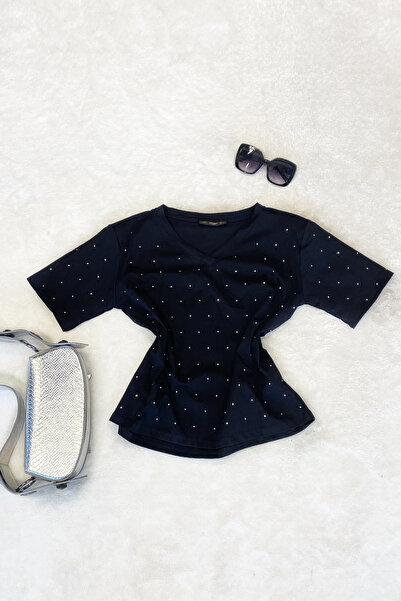 BEBE PLUS Shoulder Padded Shoulders Stone Embellishment Detail Tshirt - Black...