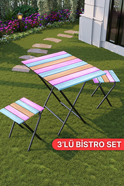 Bino 3'lü Set Renkli Katlanabilir Kamp Masası Bahçe Balkon Bistro Masa Tabure...